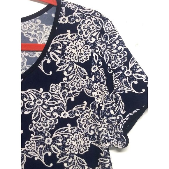 Espresso Dress shift flare textured Navy white floral short sleeve Sz L stretch - Picture 3 of 8